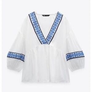 Zara Womens White Blue Embroidered V-Neck Boho Peplum Blouse Top Size Medium